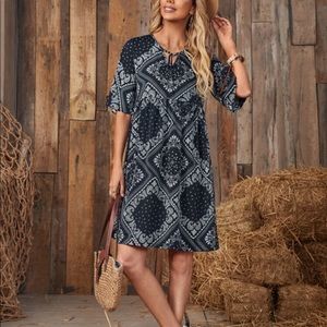 New Navy,  front tie paisley midi dress